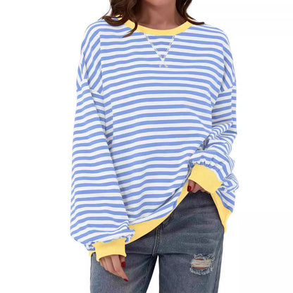 Striped round neck loose long-sleeved sweatshirt
