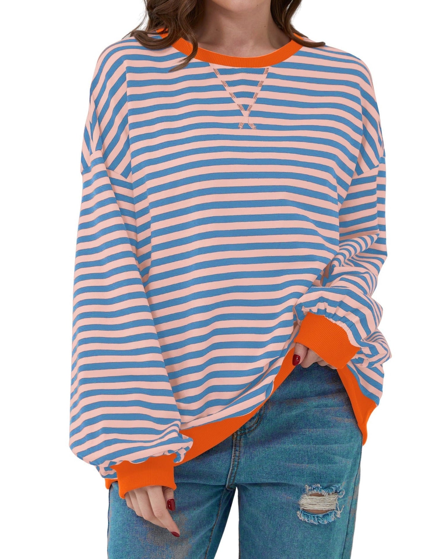 Striped round neck loose long-sleeved sweatshirt