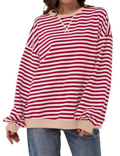 Striped round neck loose long-sleeved sweatshirt