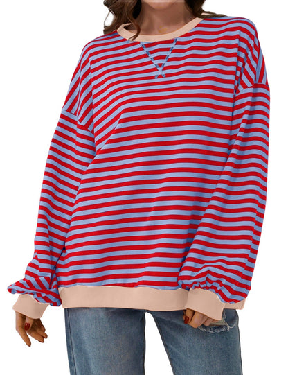 Striped round neck loose long-sleeved sweatshirt