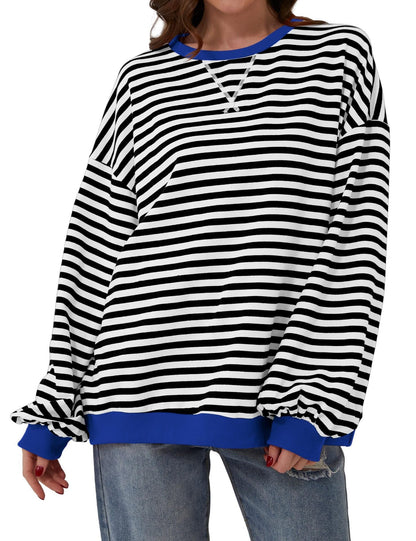 Striped round neck loose long-sleeved sweatshirt