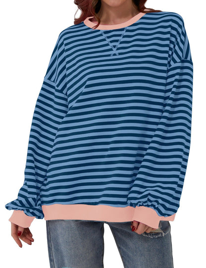 Striped round neck loose long-sleeved sweatshirt