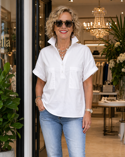 Women’s White Stand Collar Button-Back Relaxed Blouse