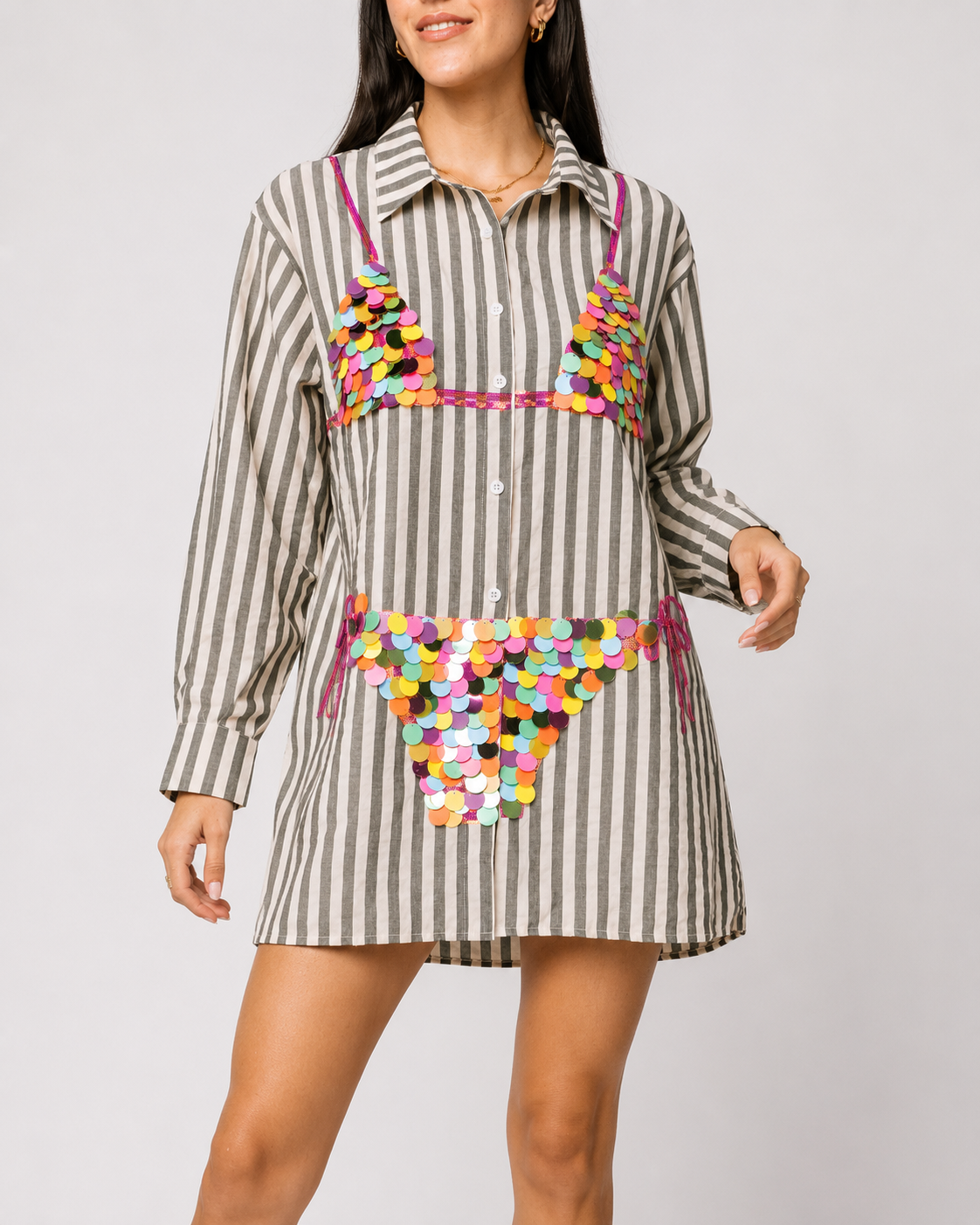 Sequin Bikini Stripe Shirt Dress