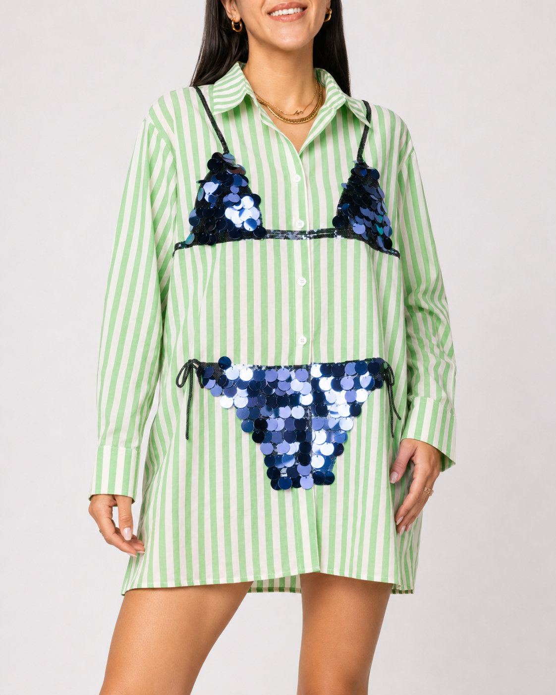 Sequin Bikini Stripe Shirt Dress