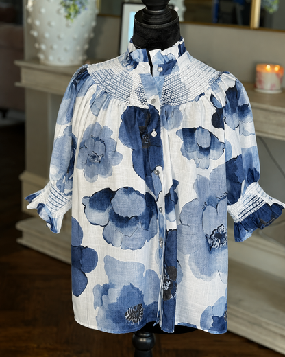 Watercolor Bloom Smocked Ruffle Blouse