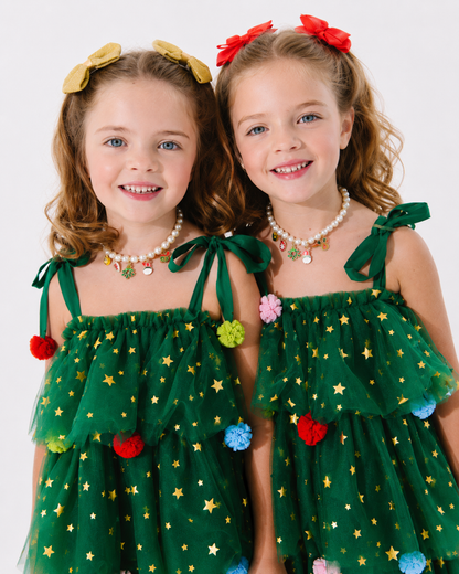 Girls’ Christmas Tree Star Tulle Dress with Colorful Pom-Poms
