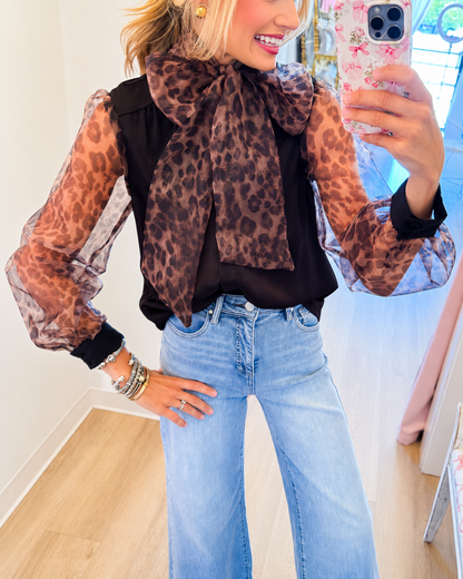 Luxury Leopard Bow Blouse – Elegant Sheer Sleeve Top For Women