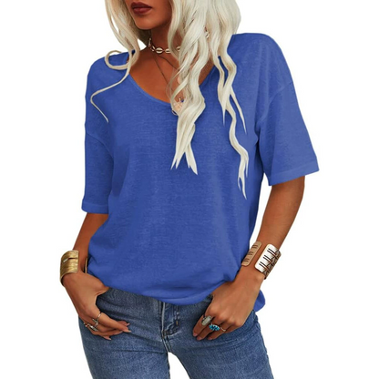 Ladies Solid Color Short Sleeve V-Neck T-Shirt Top