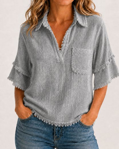 Breezy Raw-Edge Tassel Resort Blouse