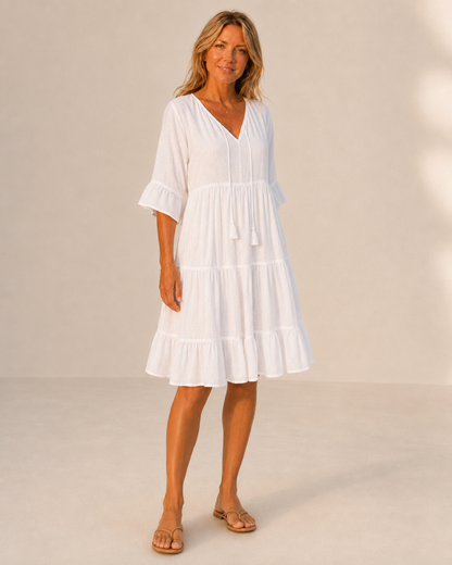 Breezy White V-Neck Tiered Dress