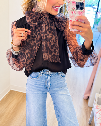 Luxury Leopard Bow Blouse – Elegant Sheer Sleeve Top For Women