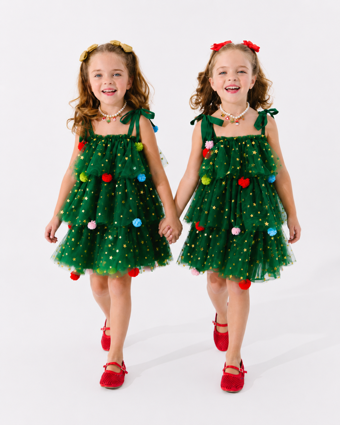 Girls’ Christmas Tree Star Tulle Dress with Colorful Pom-Poms