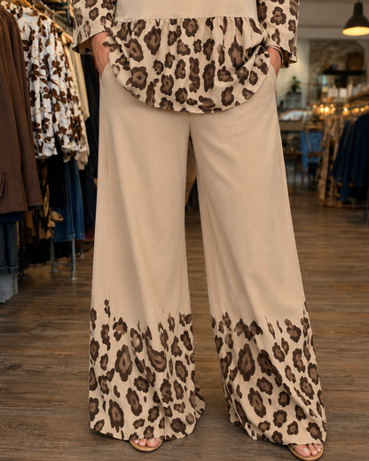 Savannah Ease Leopard-Trim Wide-Leg Two-Piece Set