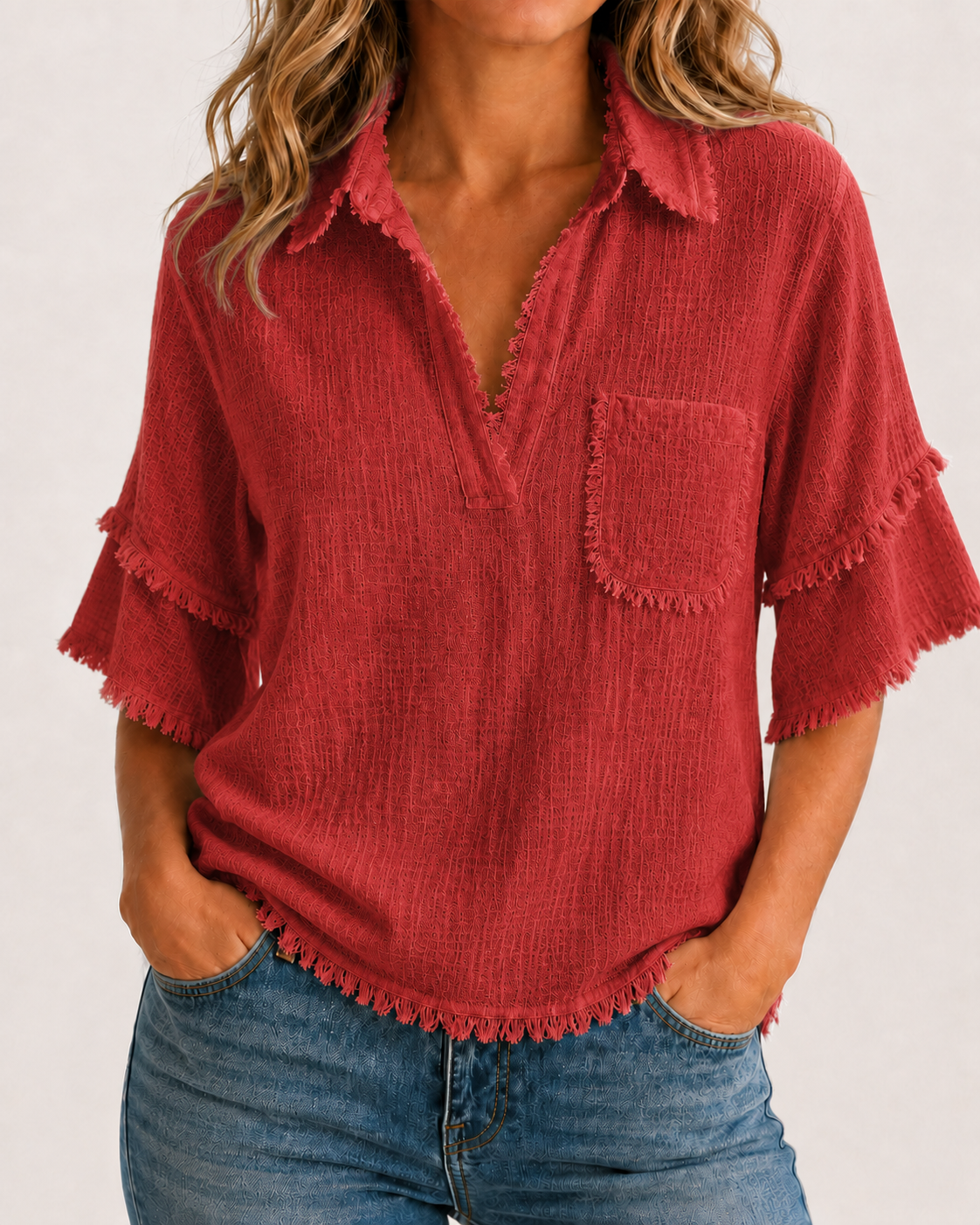 Breezy Raw-Edge Tassel Resort Blouse