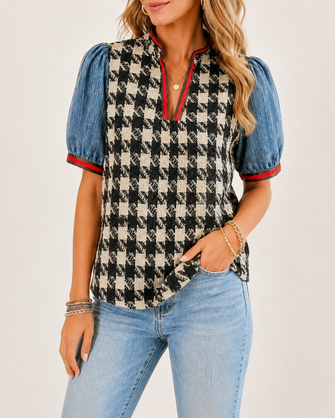 Mixed-Texture Houndstooth &amp; Washed Denim Puff-Sleeve Top