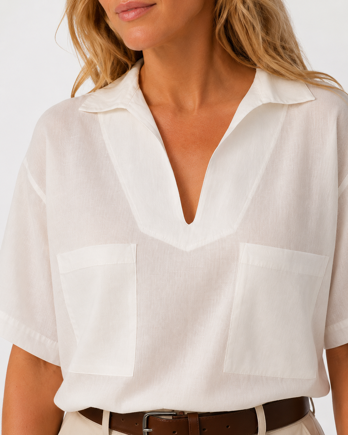 Effortless White Pocket Collar Top