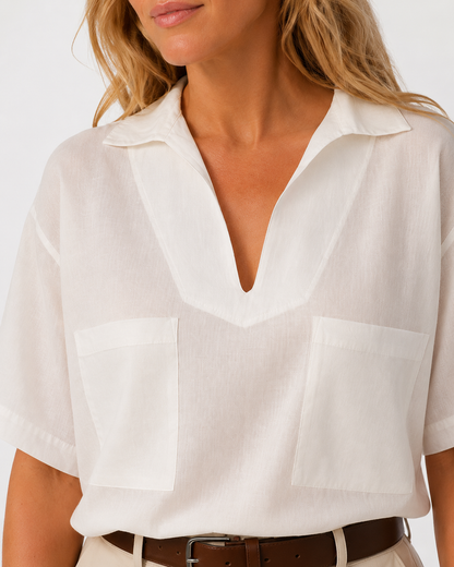 Effortless White Pocket Collar Top