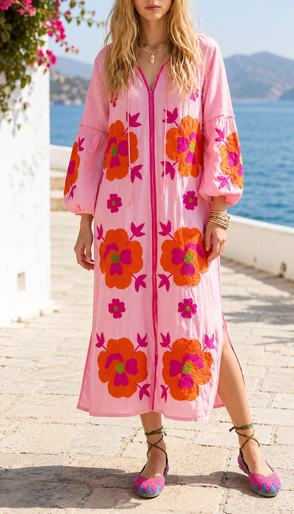 Women's Colorful Floral Embroidered Relaxed Maxi Dress