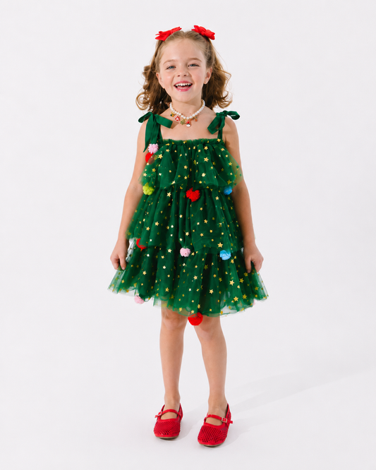 Girls’ Christmas Tree Star Tulle Dress with Colorful Pom-Poms