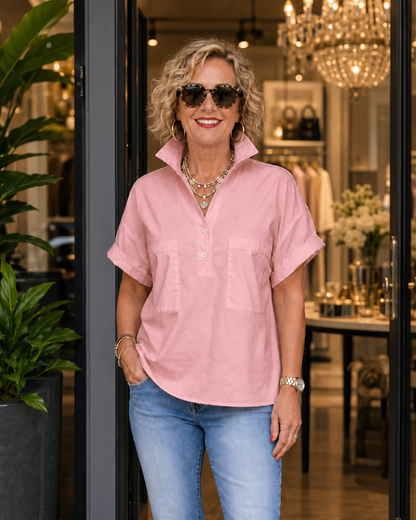 Women’s White Stand Collar Button-Back Relaxed Blouse