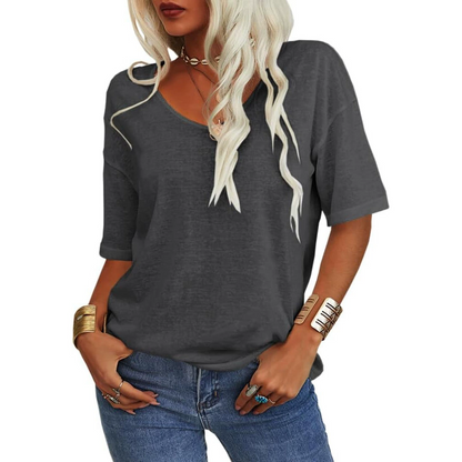 Ladies Solid Color Short Sleeve V-Neck T-Shirt Top