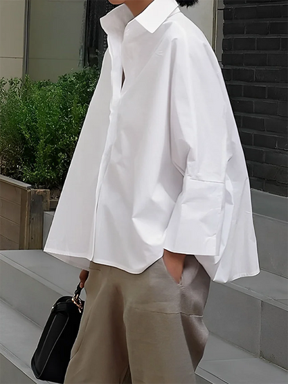 Long-sleeved loose solid color lapel shirt