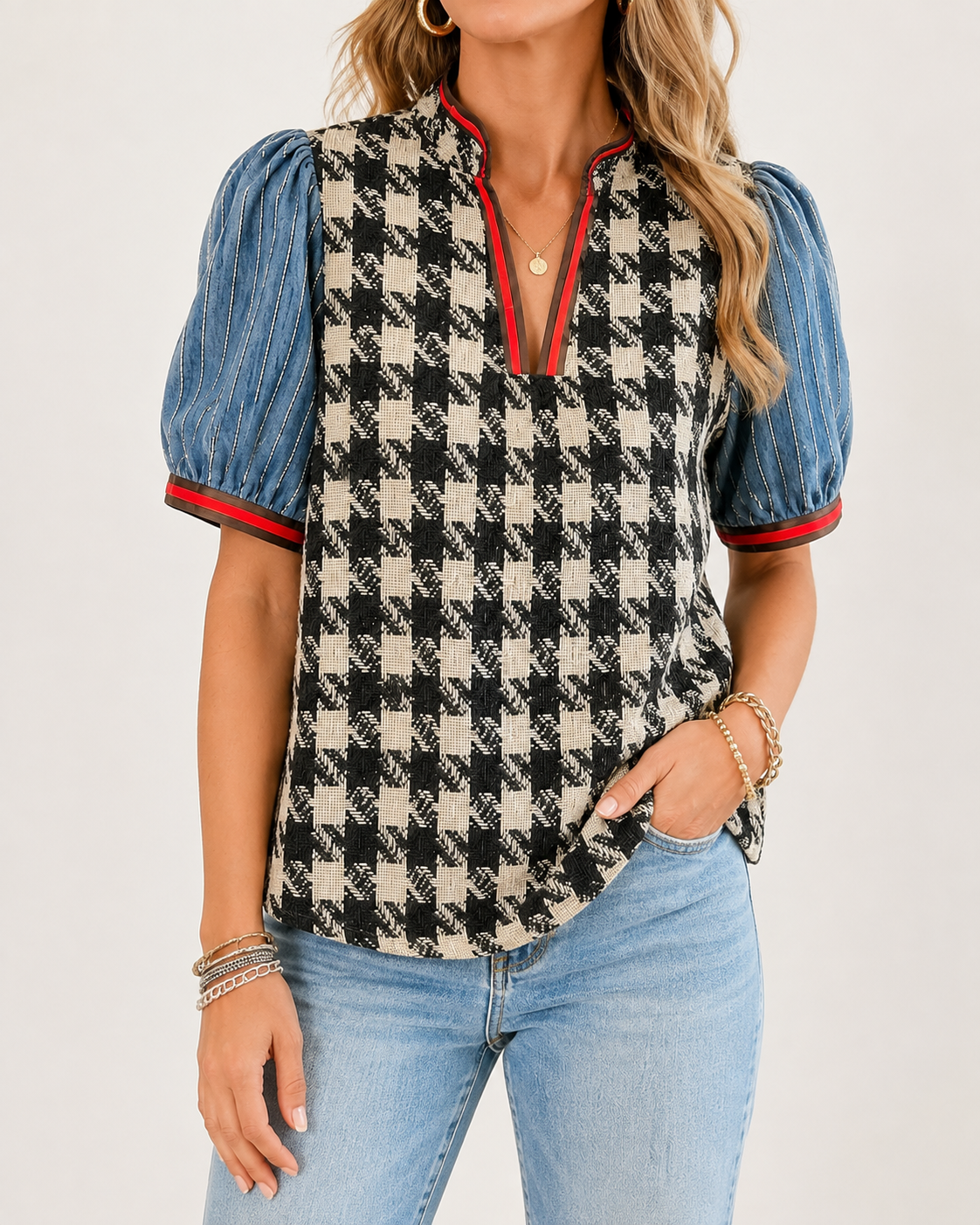 Mixed-Texture Houndstooth &amp; Washed Denim Puff-Sleeve Top