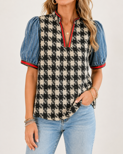 Mixed-Texture Houndstooth &amp; Washed Denim Puff-Sleeve Top