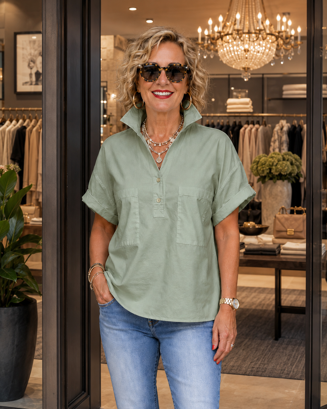 Women’s White Stand Collar Button-Back Relaxed Blouse
