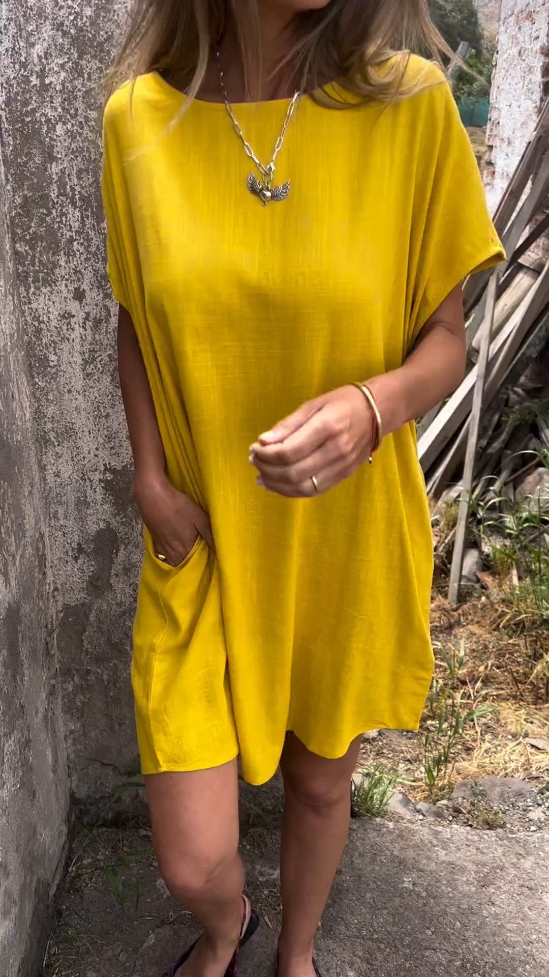 Casual Round Collar Cotton Linen Skirt with Pocket