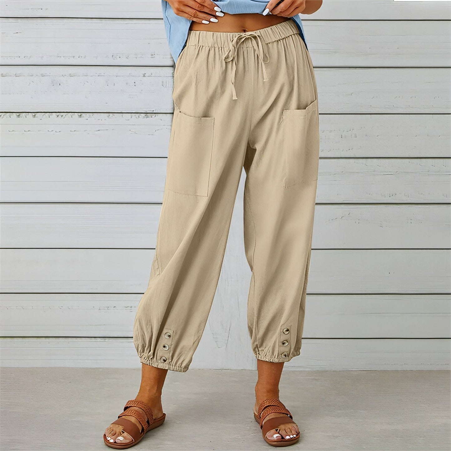 Solid Color Drawstring Elastic Waist Pants