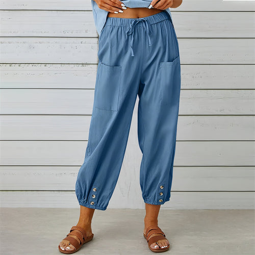 Solid Color Drawstring Elastic Waist Pants