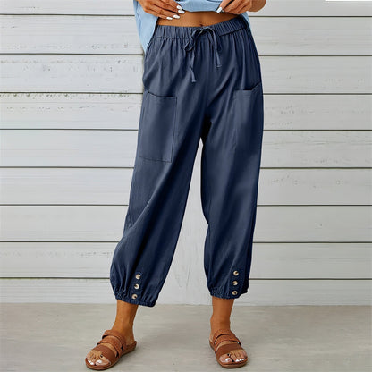 Solid Color Drawstring Elastic Waist Pants