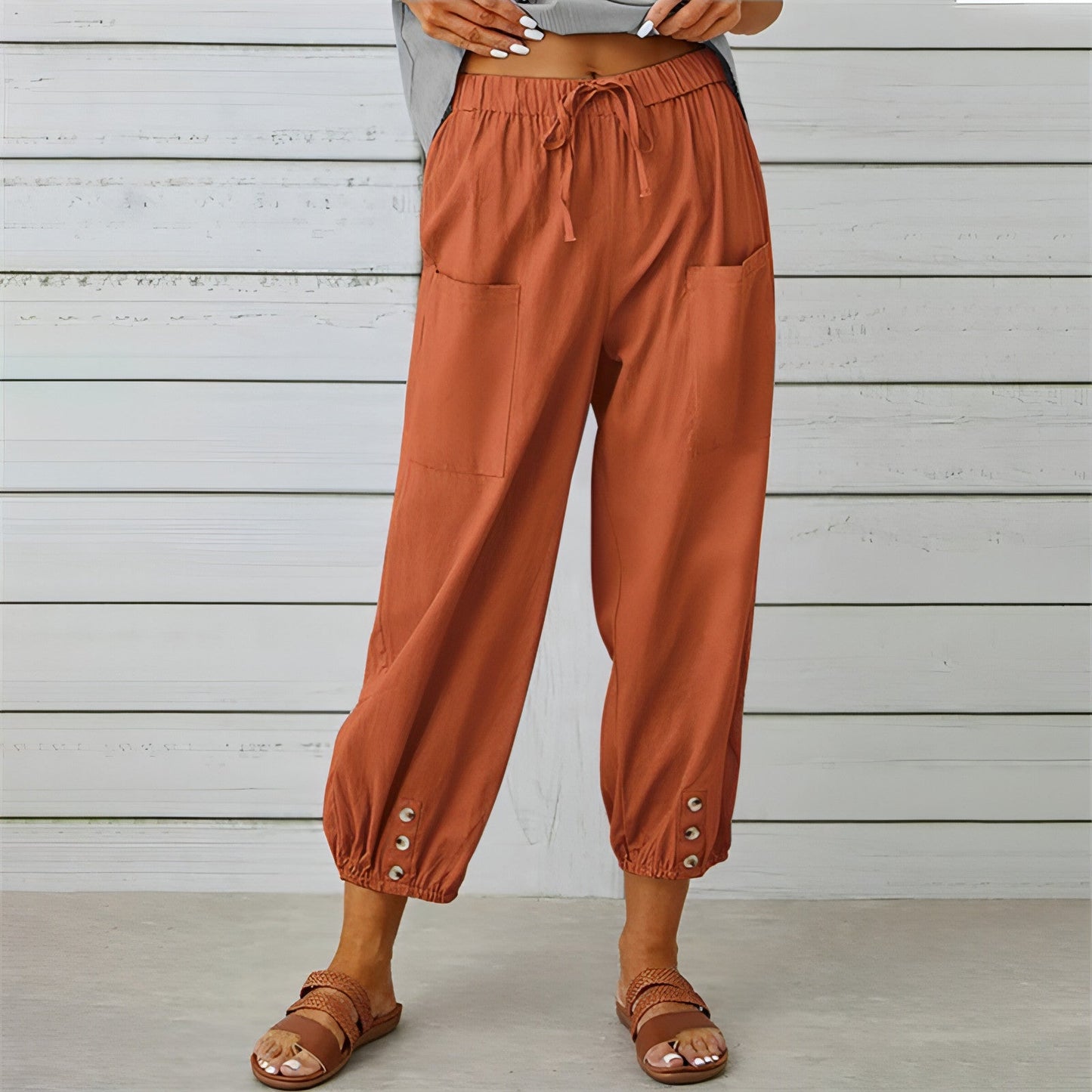 Solid Color Drawstring Elastic Waist Pants