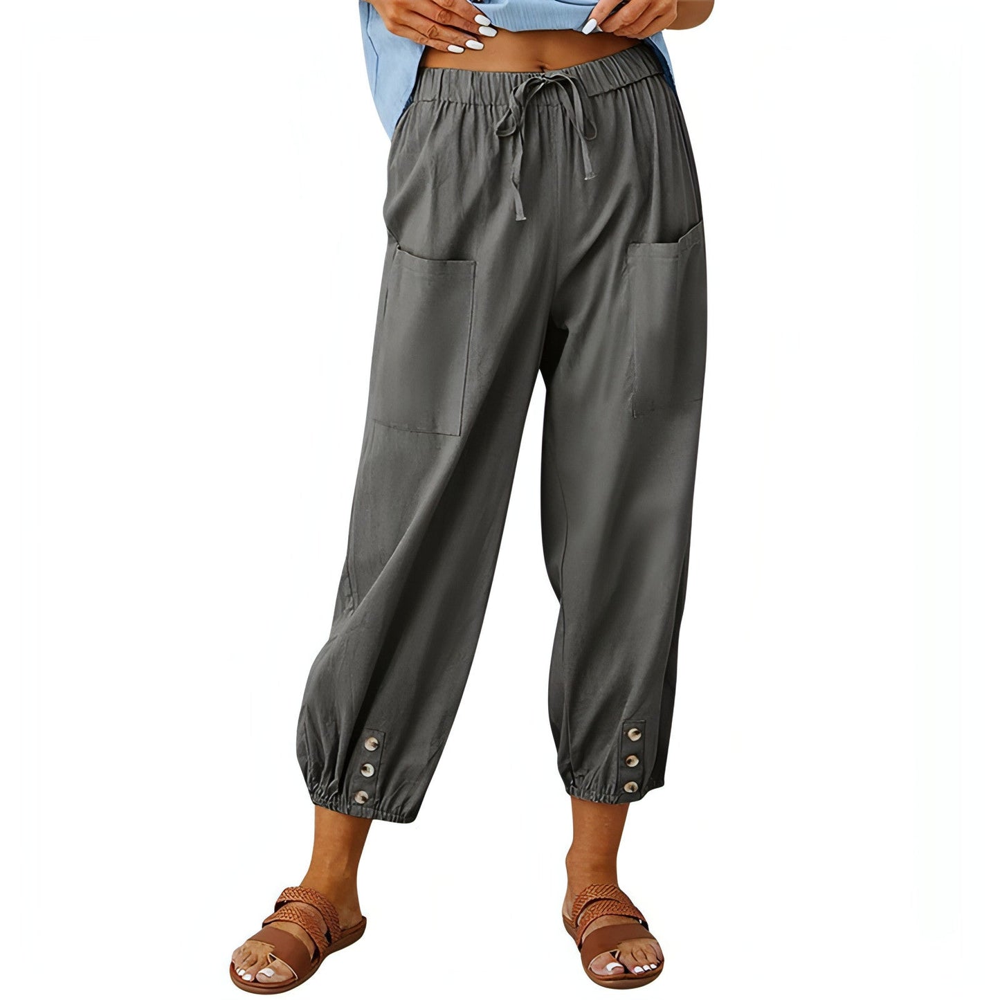 Solid Color Drawstring Elastic Waist Pants