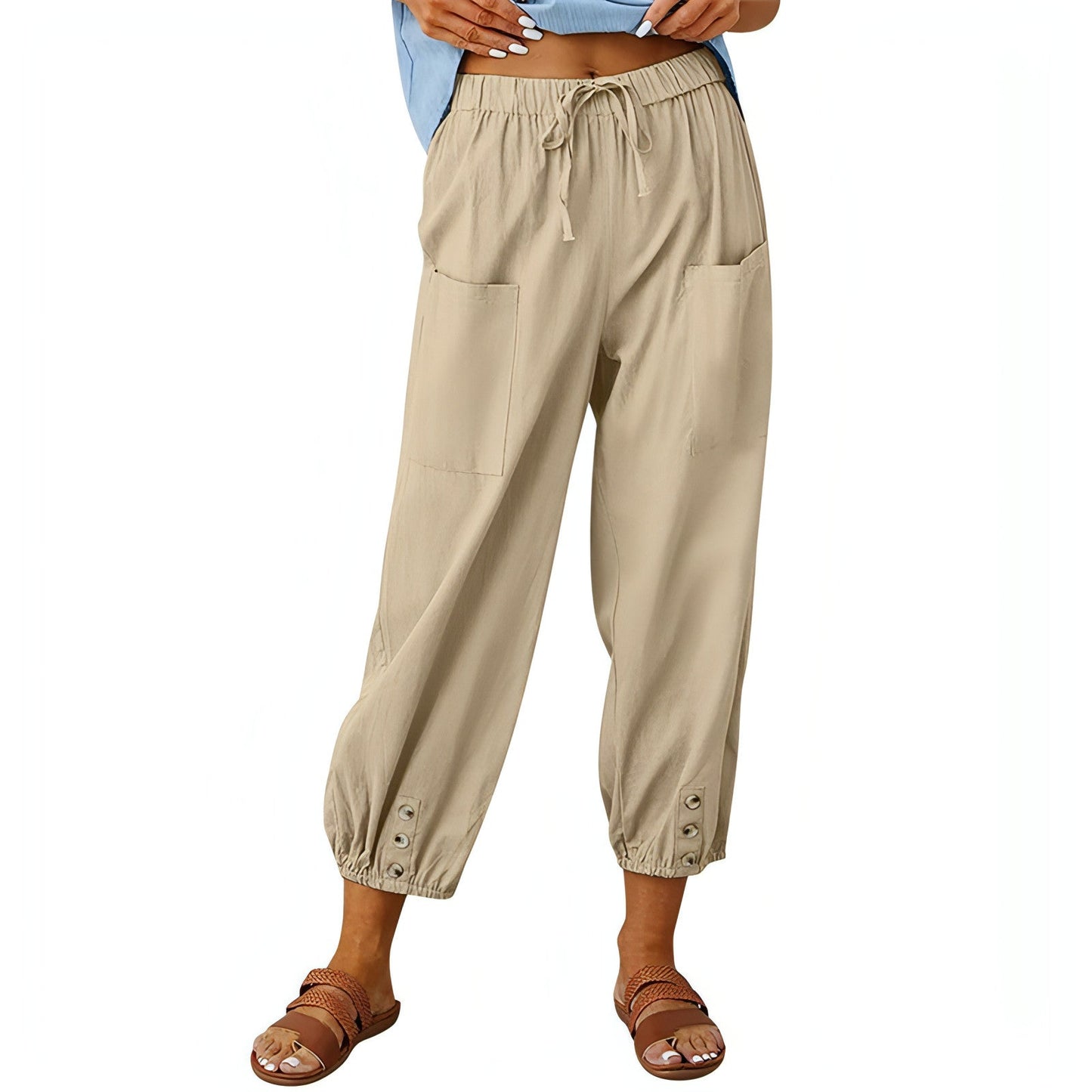 Solid Color Drawstring Elastic Waist Pants